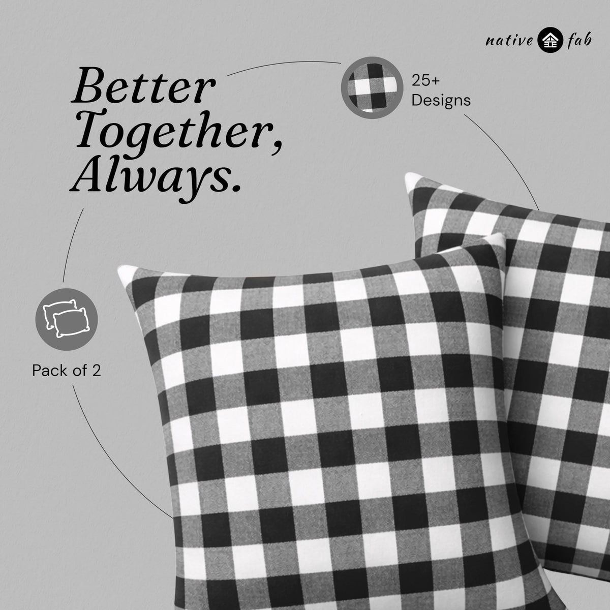 Native Fab Throw Pillow Cushion Cover for Sofa Couch Bed Comfort - Gingham Black / 20" x 20" (Pack of 2) view 5