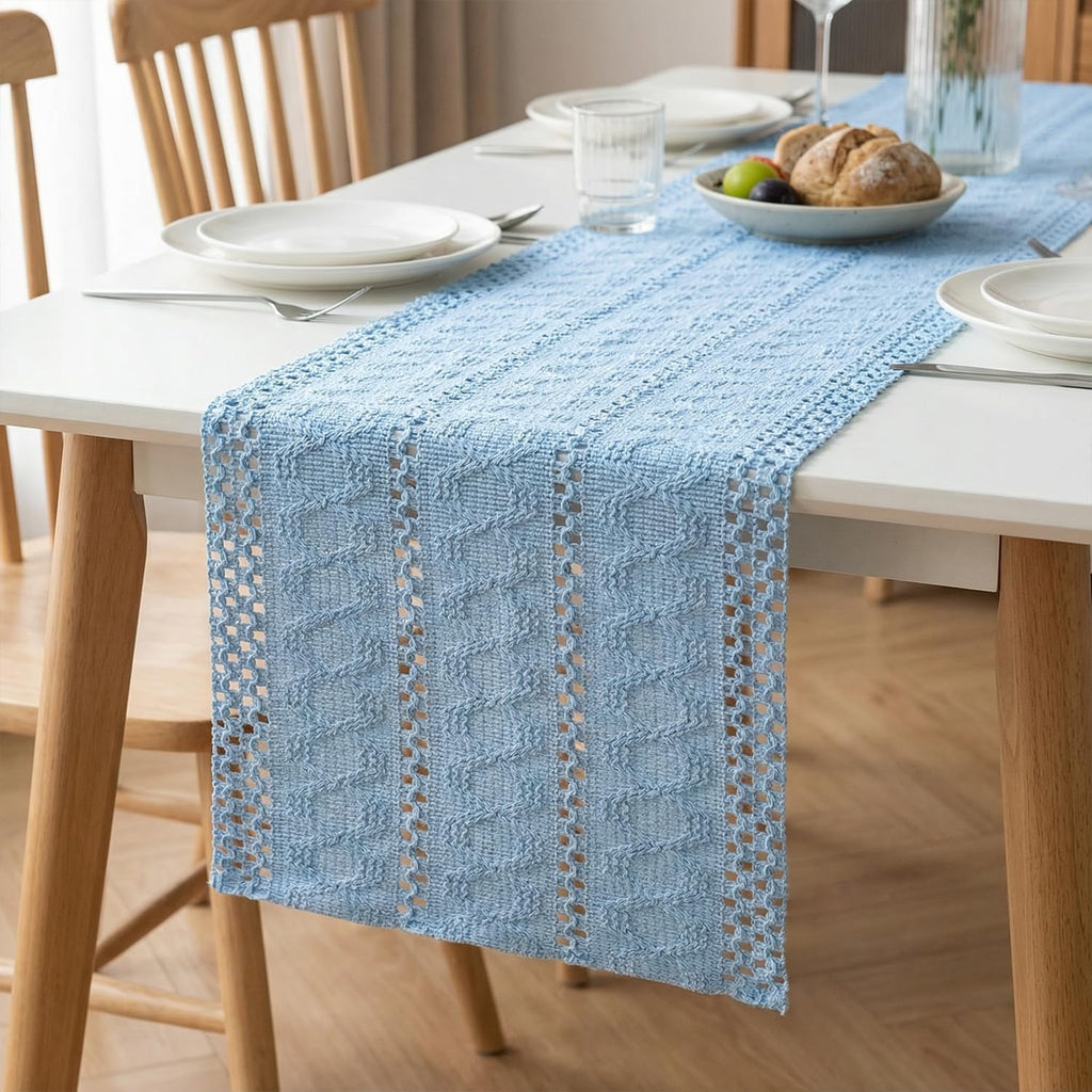 Artoid Woven Farmhouse Hollow Table Runner - Sky Blue / 12" x 48", Table Runner view 5