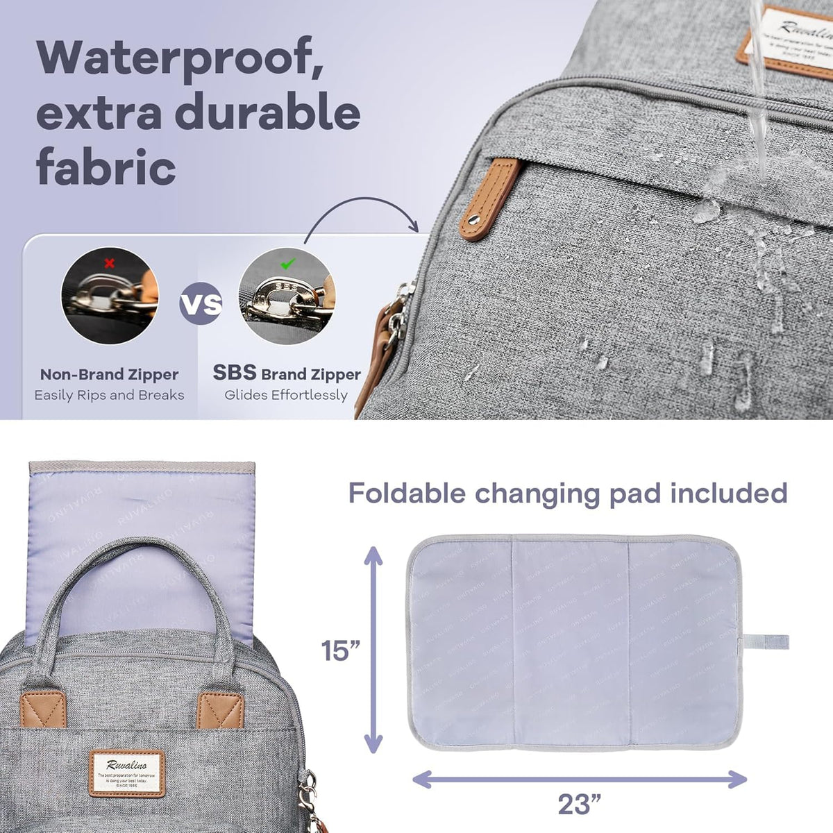 RUVALINO Baby Diaper Bag Backpack with Changing Pad, Waterproof, – XL Gray (YW168)