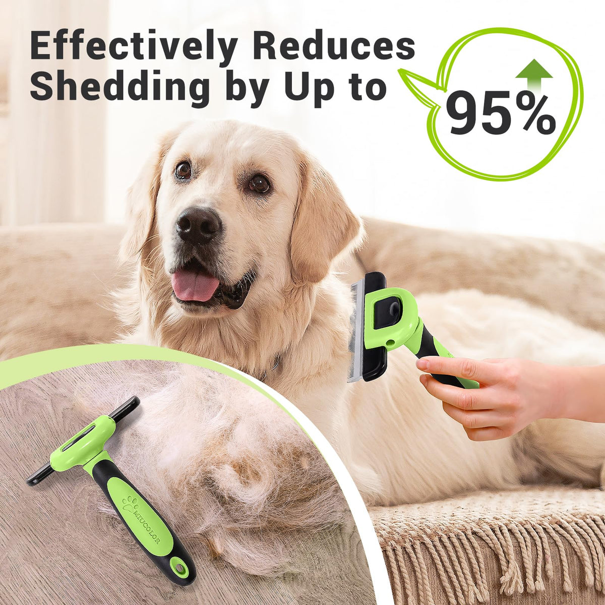 MIU COLOR Pet Grooming Brush Deshedding Tool for Dogs & Cats - Apple Green / Short and Medium Hair view 2