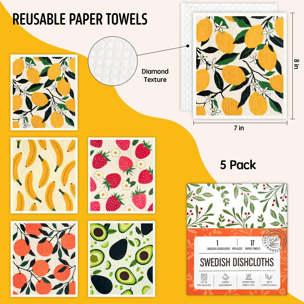 Augine Swedish Dishcloths for Kitchen, Reusable Paper Towel - 5 Count- Fruits view 1