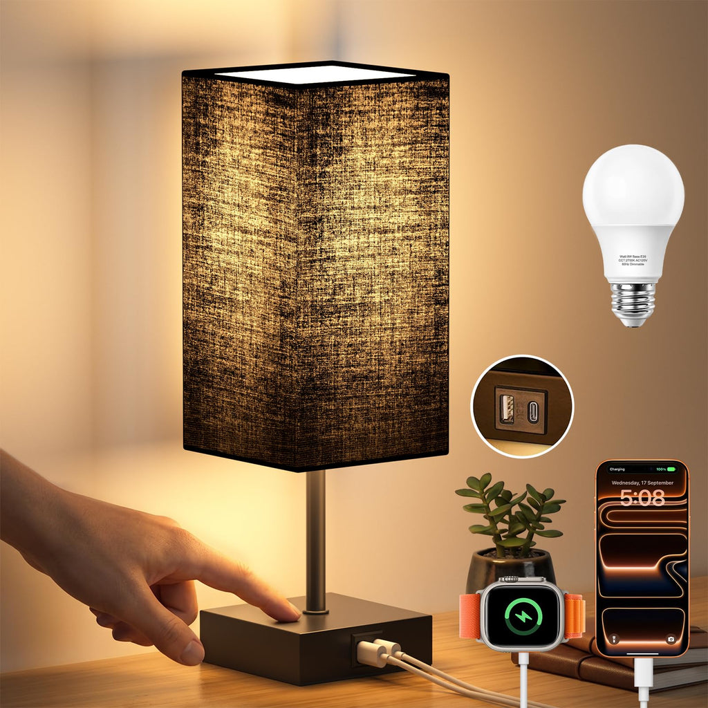 hansang Bedside Table Lamp for Bedroom Touch Control with USB C+A - Black / 1 Count (Pack of 1)