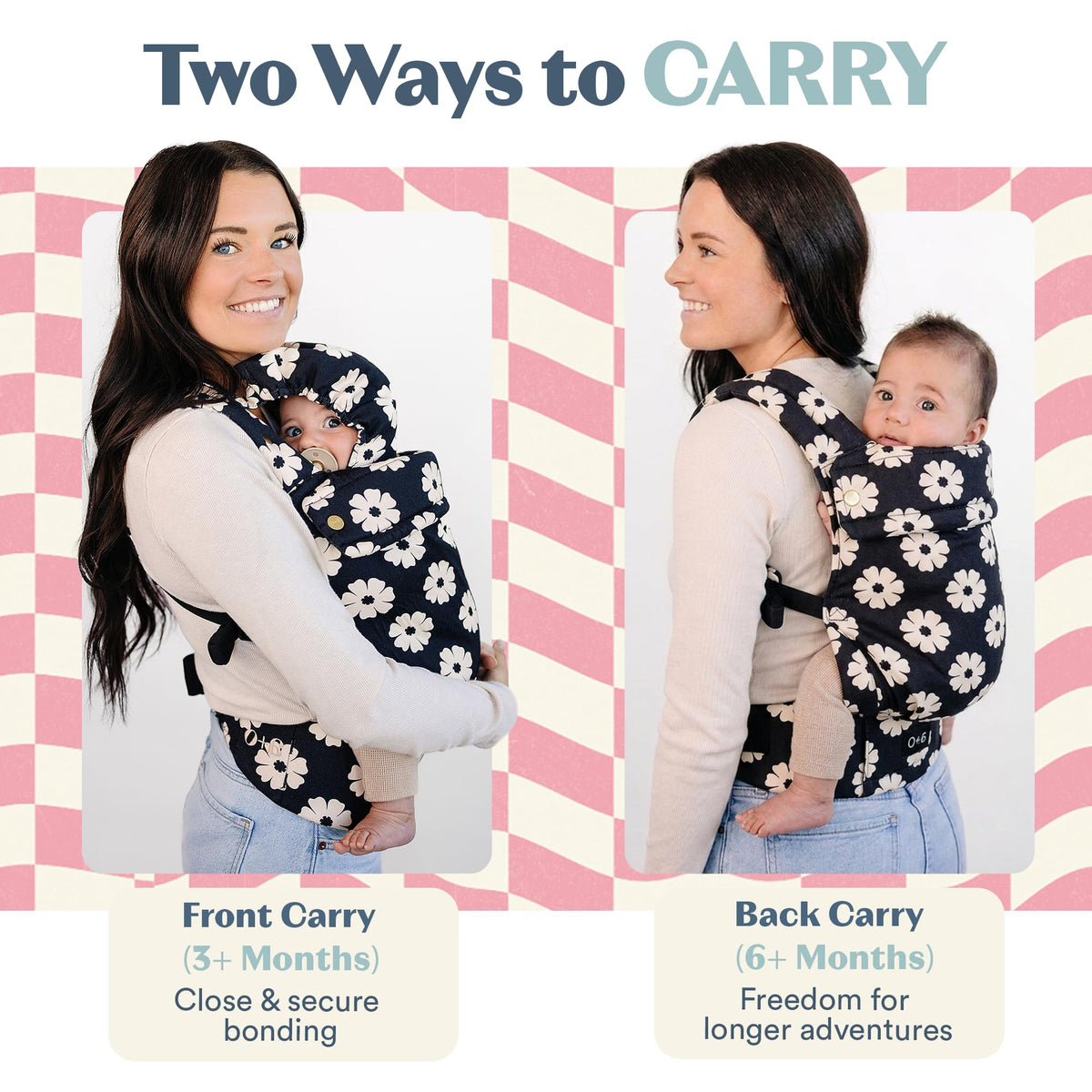 Ergonomic Hip-Healthy Baby Carrier, Front and Back Carry, 7-35 lbs - Black Floral view 4