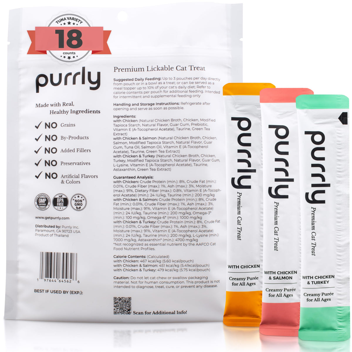 Purrly Lickable Wet Cat Treats Healthy Grain-Free Chicken Variety Pack (18 Count) Squeezable Creamy Purée with (Pack of 18)