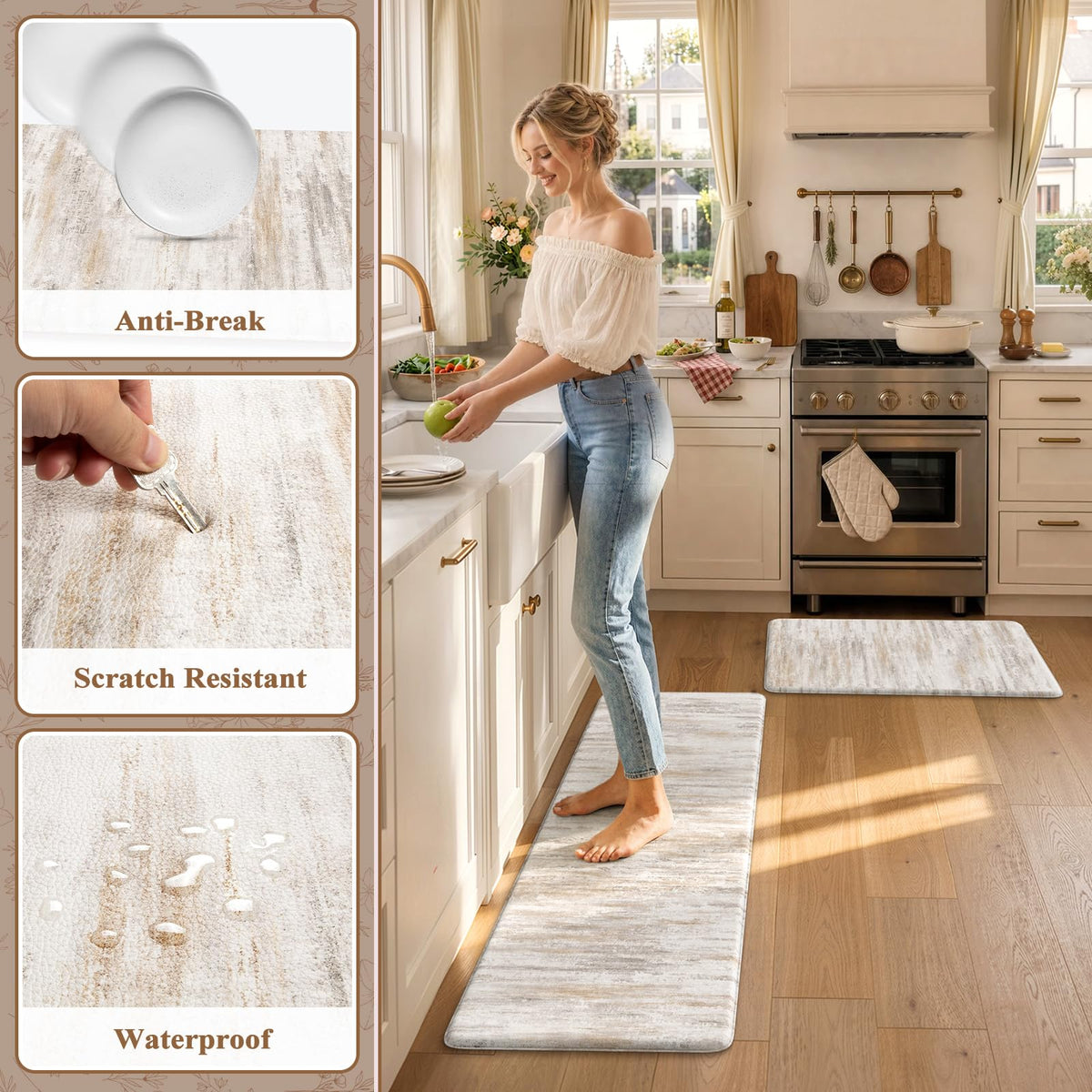 KIMODE Anti Fatigue Kitchen Mat, Abstract Farmhouse Kitchen Rugs Sets of 2 - Light Brown/Multi / 17.3" x 47"+17.3" x 29"--0.47 inches view 5