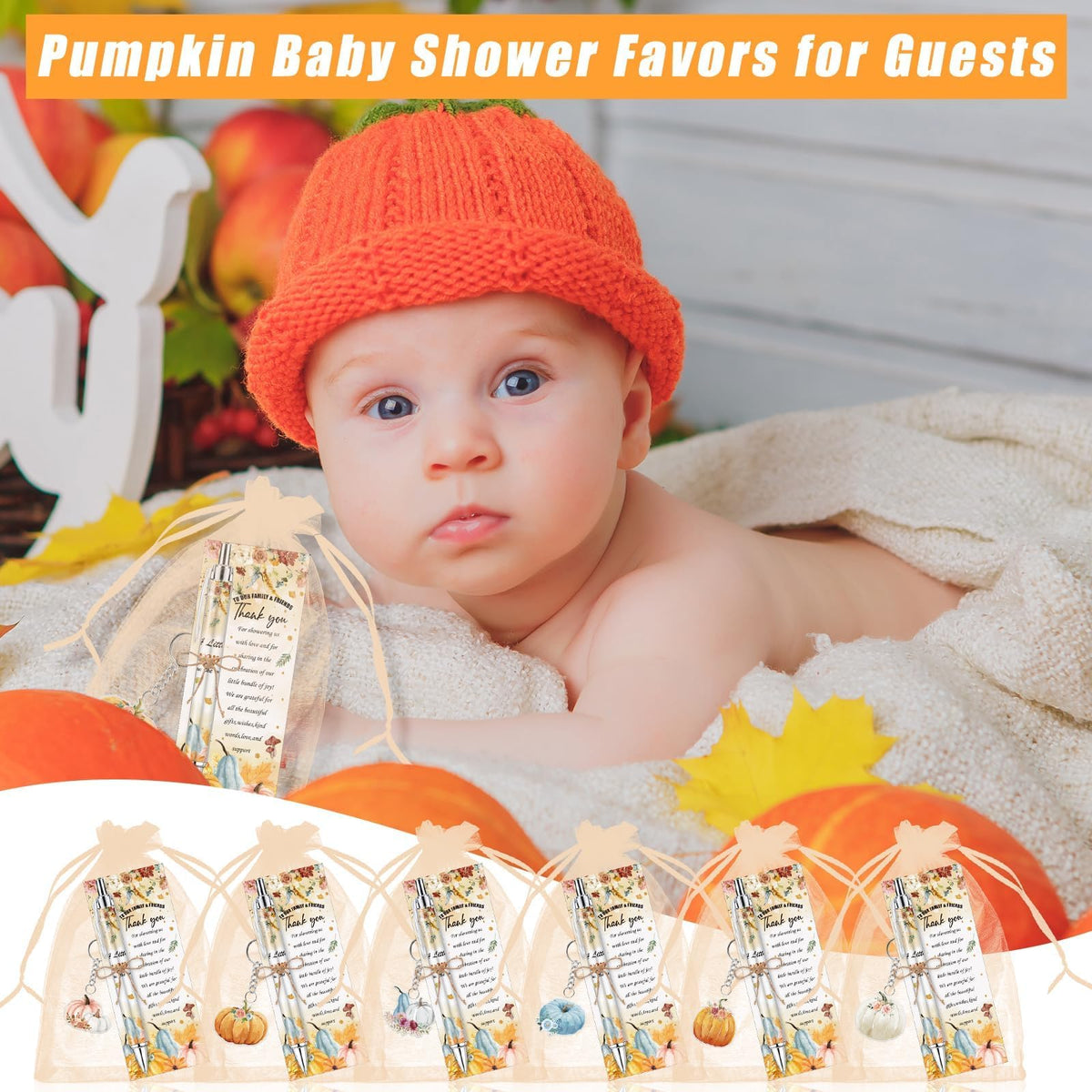 EYNDYN 145 Pieces Baby Shower Favors Ballpoint Pens and Keychains Gifts Bulk Retractable Pens Gender Reveal Cards Souvenirs - 36 / Pumpkin view 5
