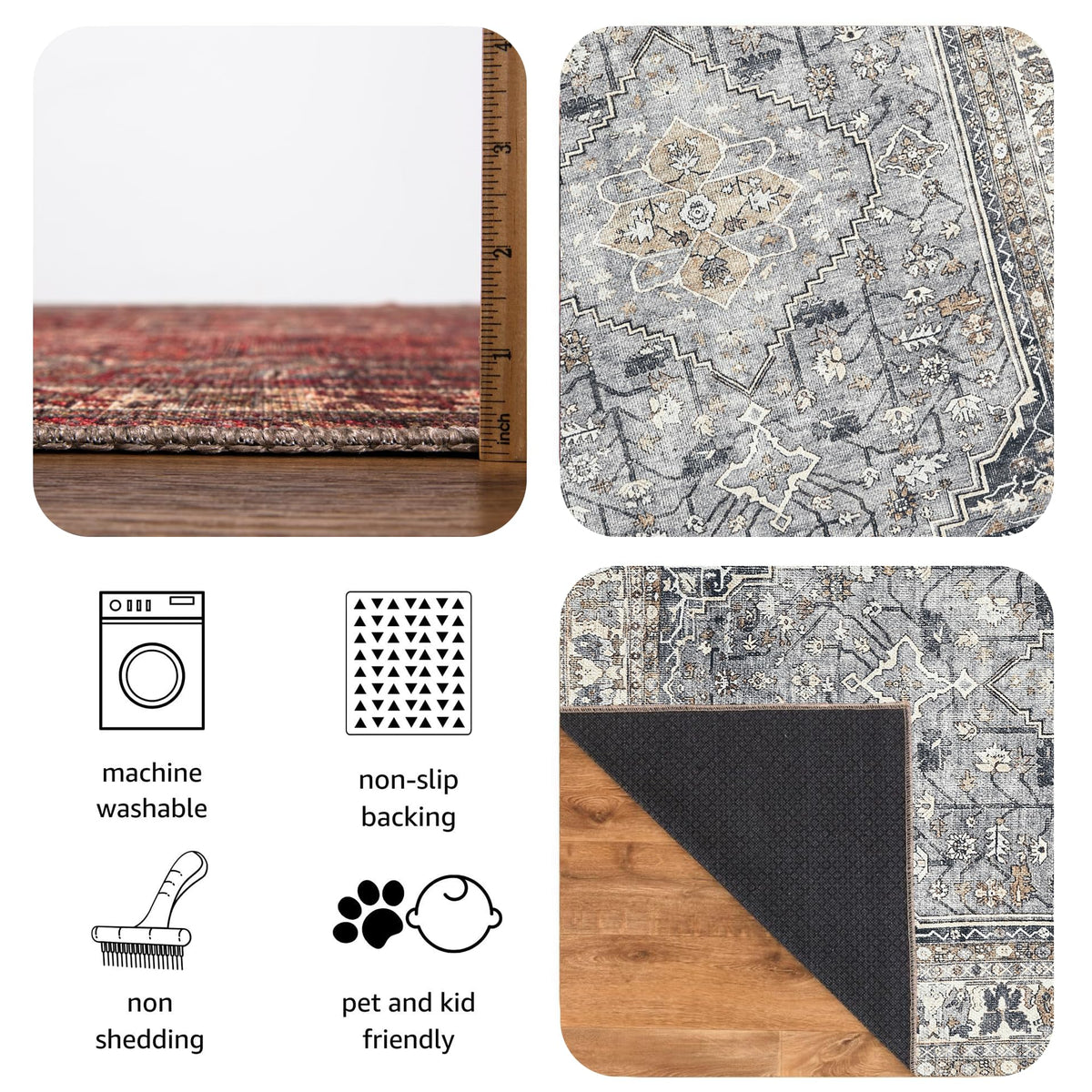 Keen Home Design Vintage Washable Runner Rug, Non-Slip Low Pile, 2x7 - Smoke Grey/ Cold Green view 6