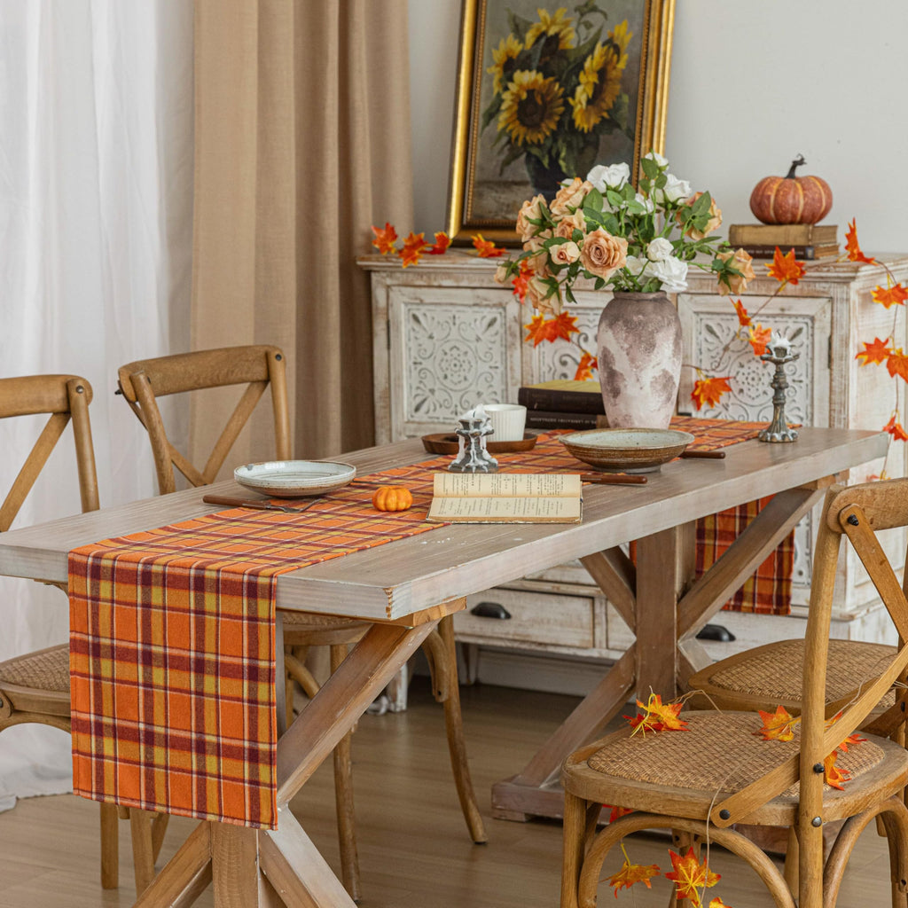 AQOTHES Plaid Fall Thanksgiving Table Runner - Orange Yellow / 13" x 90" view 3