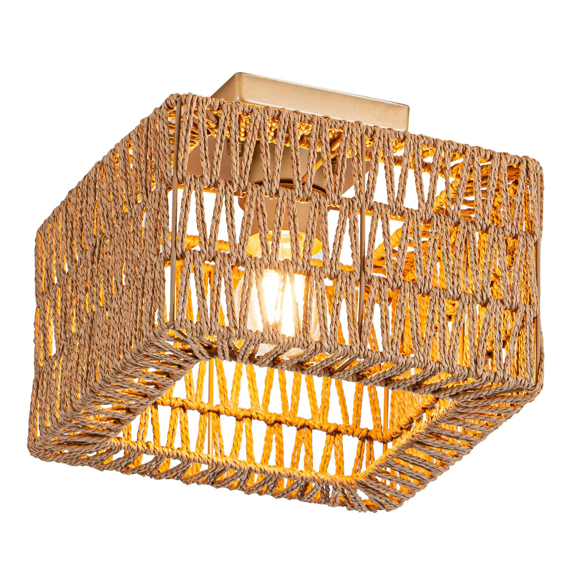 Rpzloila Rattan Ceiling Light, Gold Boho Light Fixture, Square Flush Mount Ceiling Light