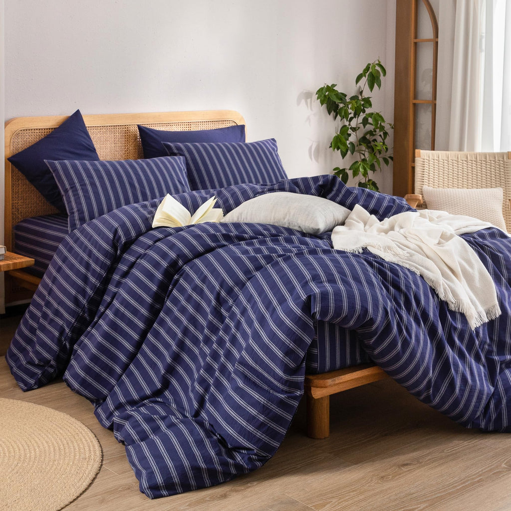 BESTOUCH Cotton Solid Duvet Cover Set Linen Feel - Stripes - Navy Blue/ White (No Comforter) / Queen (90" X 90") view 4