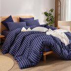 BESTOUCH Cotton Solid Duvet Cover Set Linen Feel - Stripes - Navy Blue/ White (No Comforter) / Queen (90" X 90") view 4