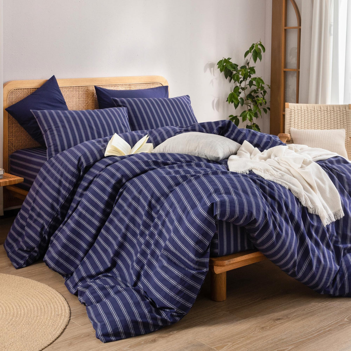 BESTOUCH Cotton Solid Duvet Cover Set Linen Feel - Stripes - Navy Blue/ White (No Comforter) / Queen (90" X 90") view 4