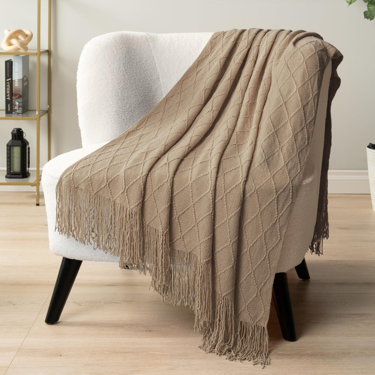 PAVILIA Knit Throw Blanket, Soft Knitted Farmhouse - Tan Taupe / 60 X 80 Inches - Twin view 7