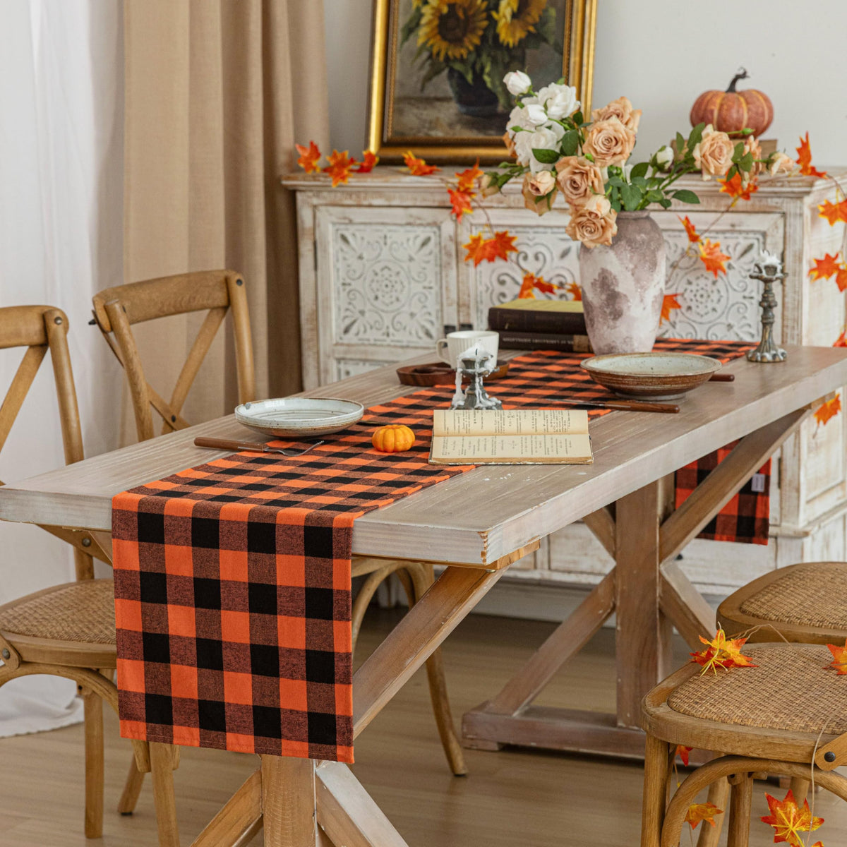 AQOTHES Plaid Fall Thanksgiving Table Runner - Orange Black / 13" x 72" view 1