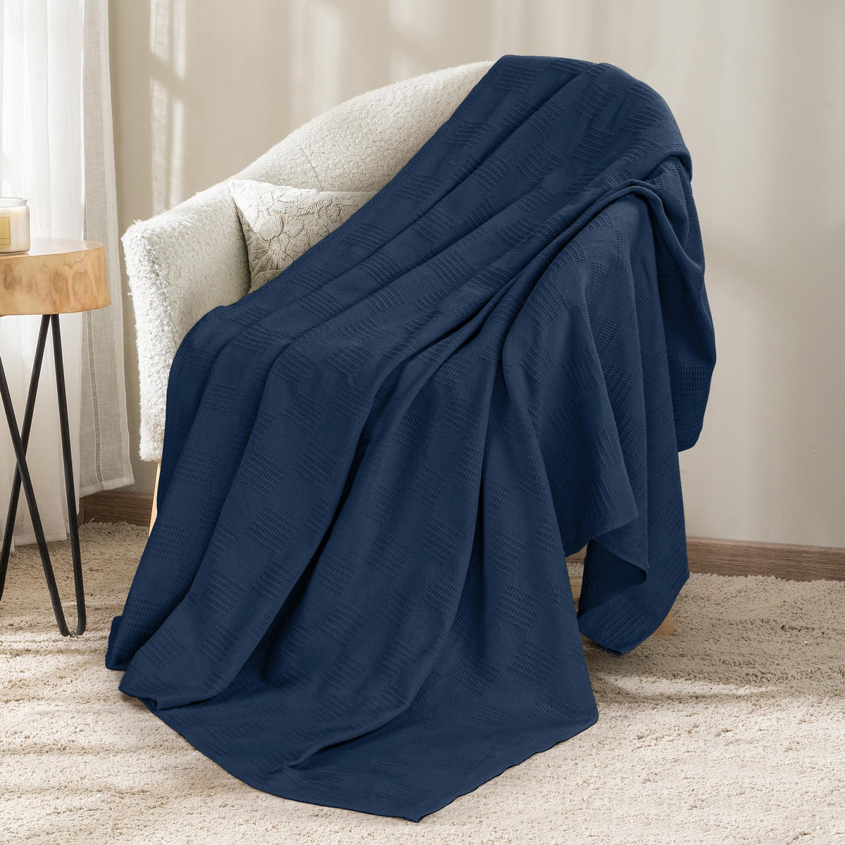 Utopia Bedding 100% Cotton Thermal Blanket Navy Throw, 50x60 Inches