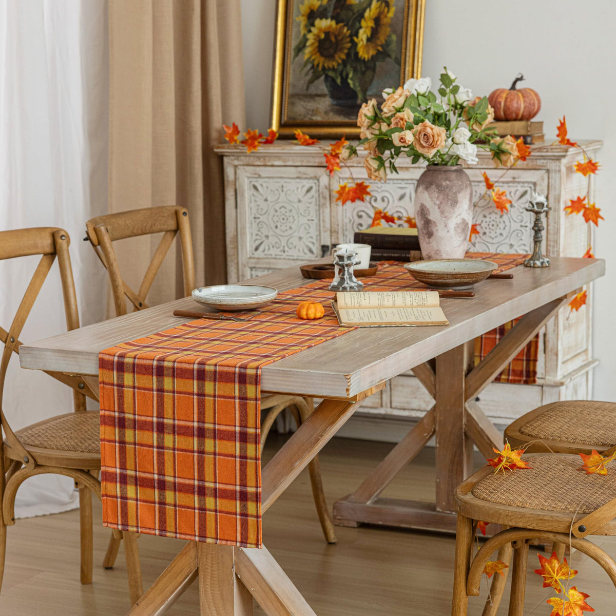 AQOTHES Plaid Fall Thanksgiving Table Runner - Orange Yellow / 13" x 90" view 5