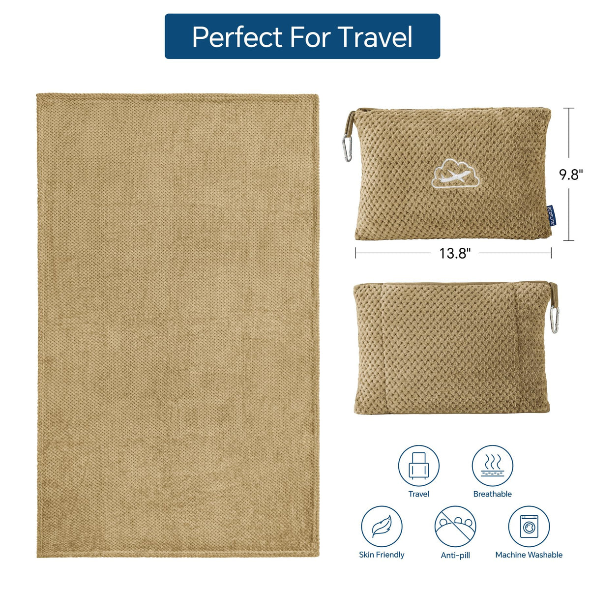 BEDELITE Travel Blanket with Bag, Jacquard Fleece Blanket 65"x40" - Camel view 2