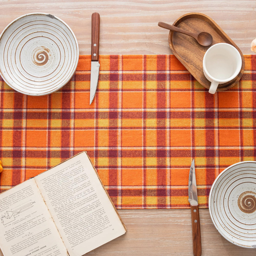 AQOTHES Plaid Fall Thanksgiving Table Runner - Orange Yellow / 13" x 90" view 4