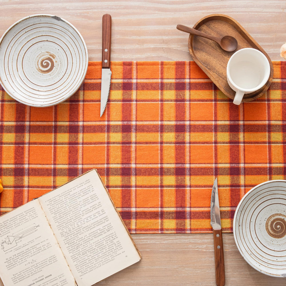 AQOTHES Plaid Fall Thanksgiving Table Runner - Orange Yellow / 13" x 90" view 4