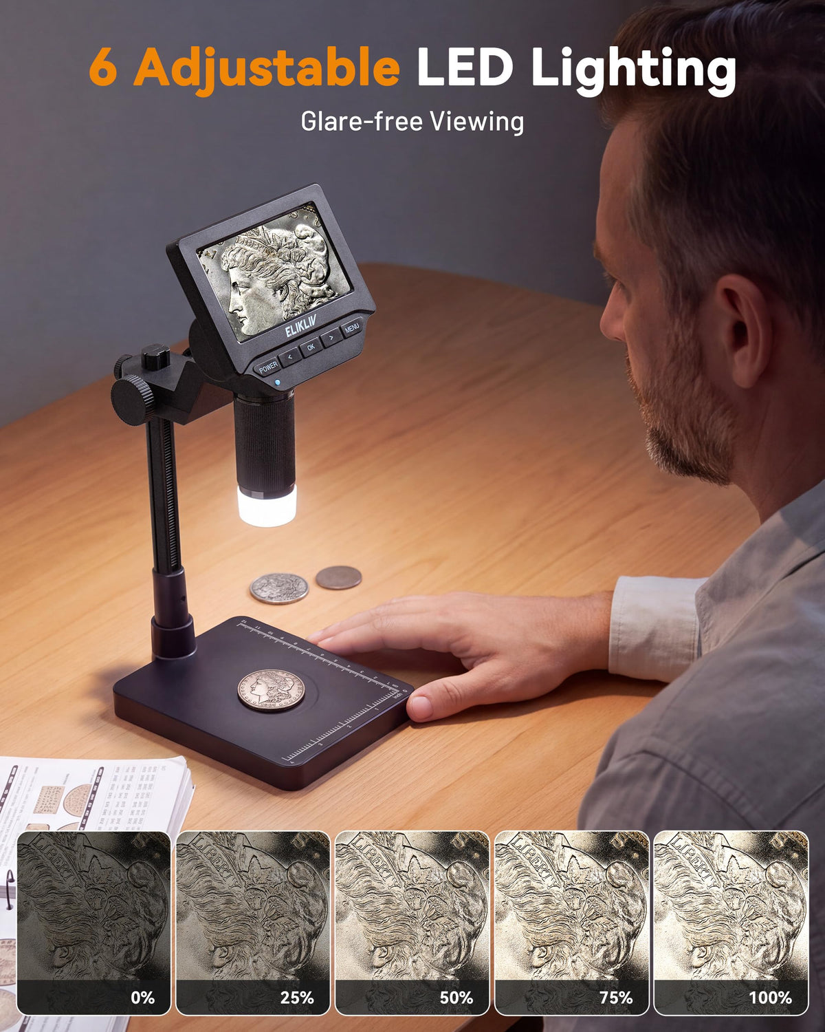 Elikliv Microscope, 4.3'' Digital Coin Magnifier with Lights for Adults (EDM4S)