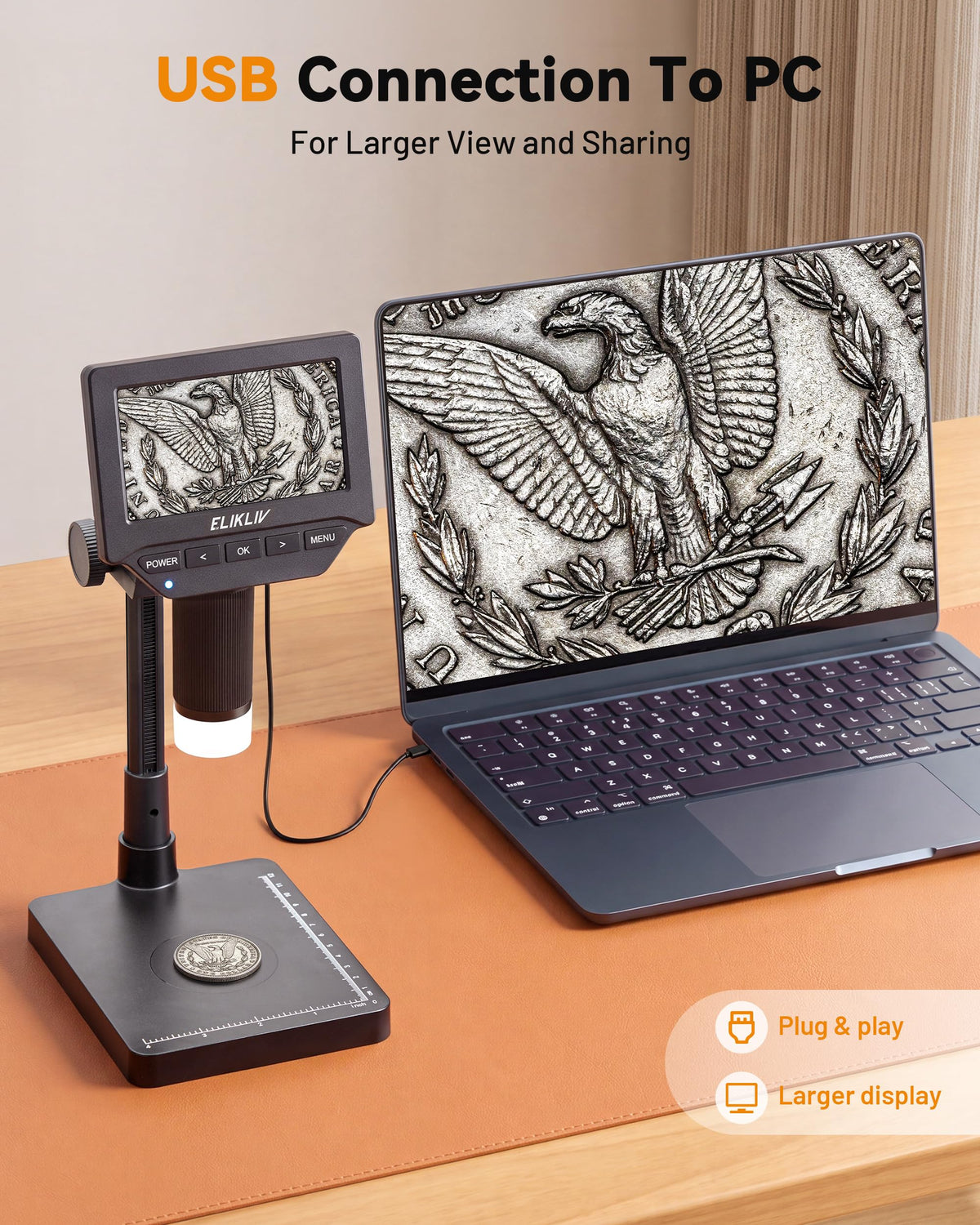 Elikliv Microscope, 4.3'' Digital Coin Magnifier with Lights for Adults (EDM4S)