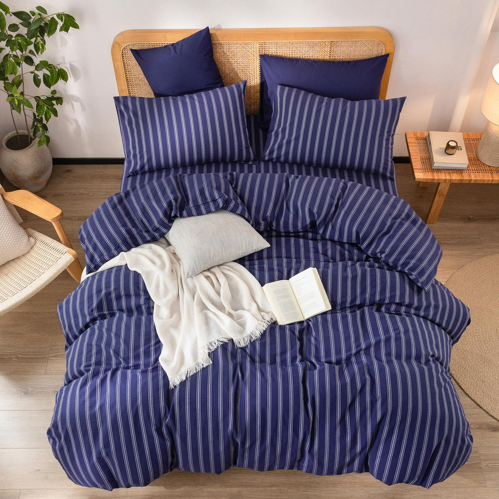 BESTOUCH Cotton Solid Duvet Cover Set Linen Feel - Stripes - Navy Blue/ White (No Comforter) / Queen (90" X 90") view 2