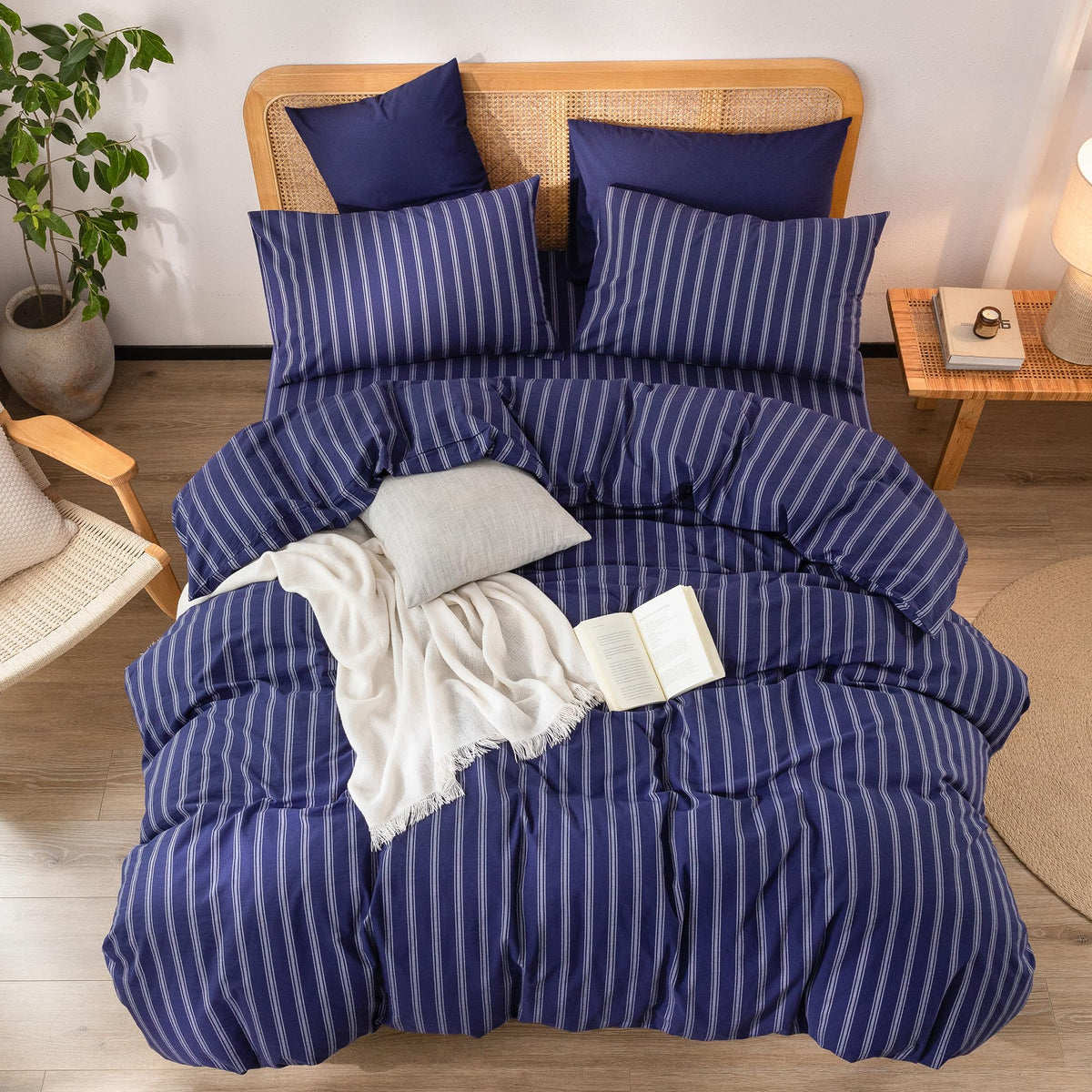 BESTOUCH Cotton Solid Duvet Cover Set Linen Feel - Stripes - Navy Blue/ White (No Comforter) / Queen (90" X 90") view 2