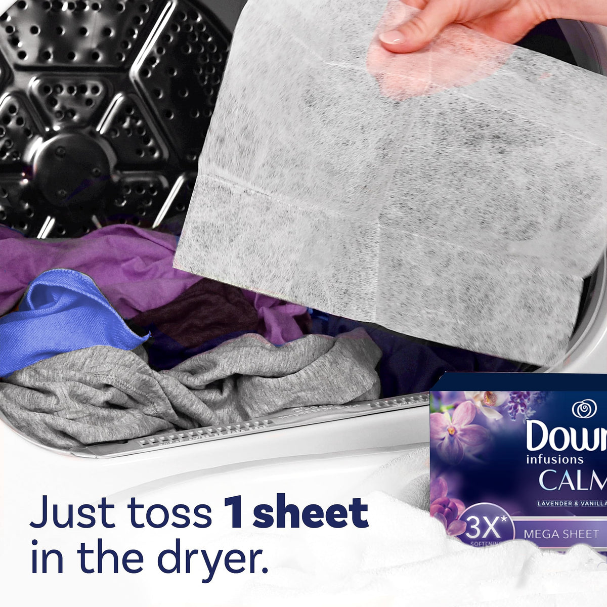 Downy CALM, Mega Dryer Sheets, Laundry Fabric Softener, Lavender and Vanilla Bean, – 130 Count