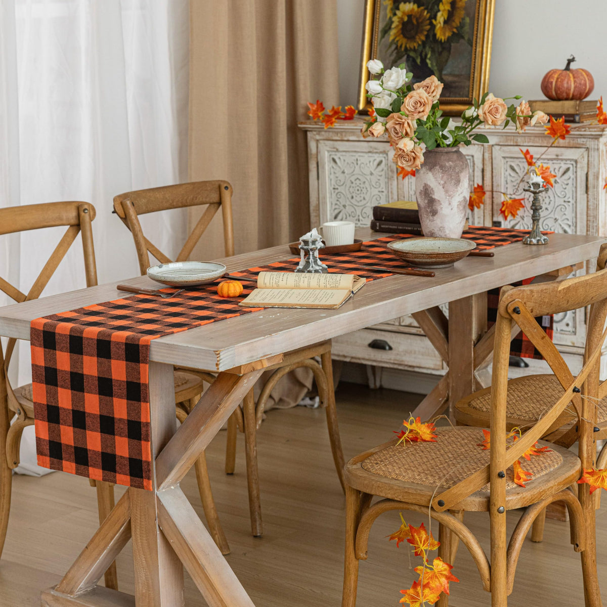 AQOTHES Plaid Fall Thanksgiving Table Runner - Orange Black / 13" x 72" view 2