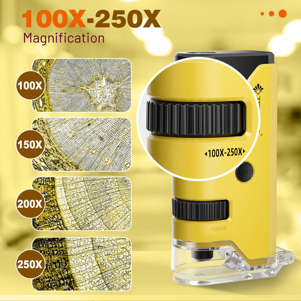 100x-250x Mini Pocket Microscope for Kids Adults - Yellow view 1