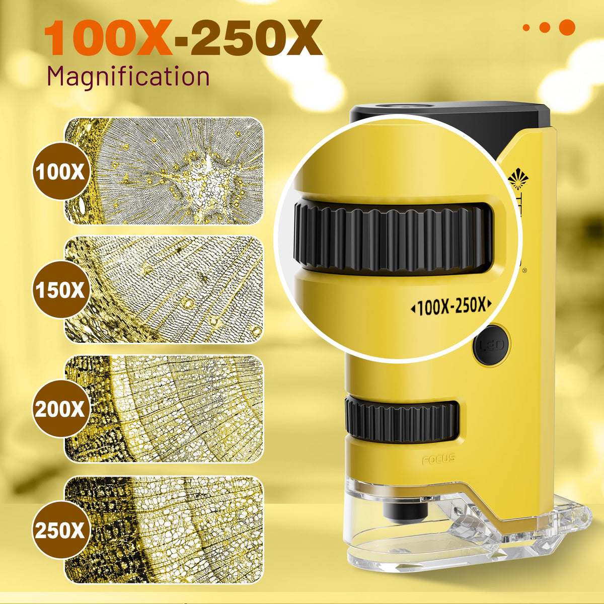 100x-250x Mini Pocket Microscope for Kids Adults - Yellow view 1