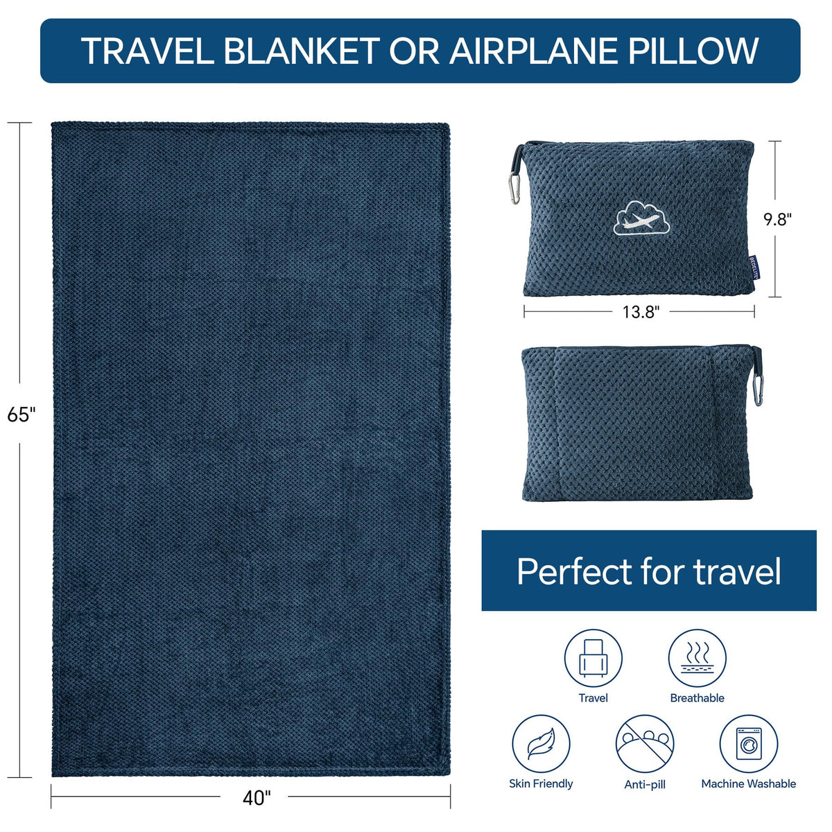 BEDELITE Travel Blanket with Bag, Jacquard Fleece Blanket 65"x40" - Navy view 4