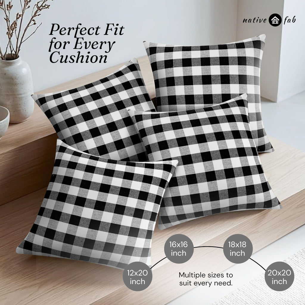 Native Fab Throw Pillow Cushion Cover for Sofa Couch Bed Comfort - Gingham Black / 20" x 20" (Pack of 2) view 6