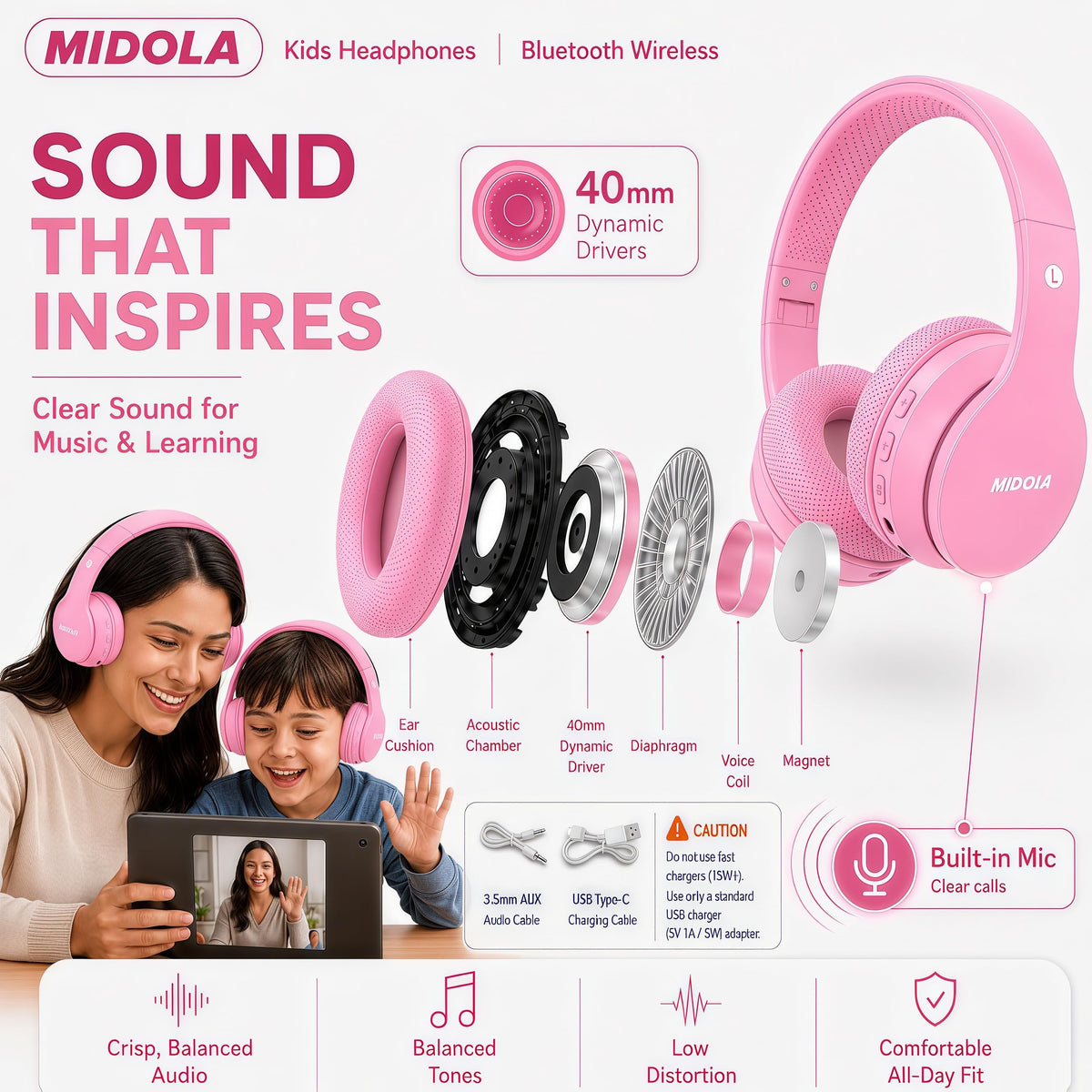 Kids Bluetooth Headphones Wireless - Pink view 6