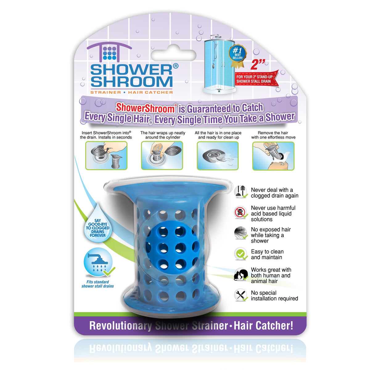 ShowerShroom the Revolutionary 2" Stand-Up Shower Stall Drain Protector Hair Catcher/Strainer - Blue
