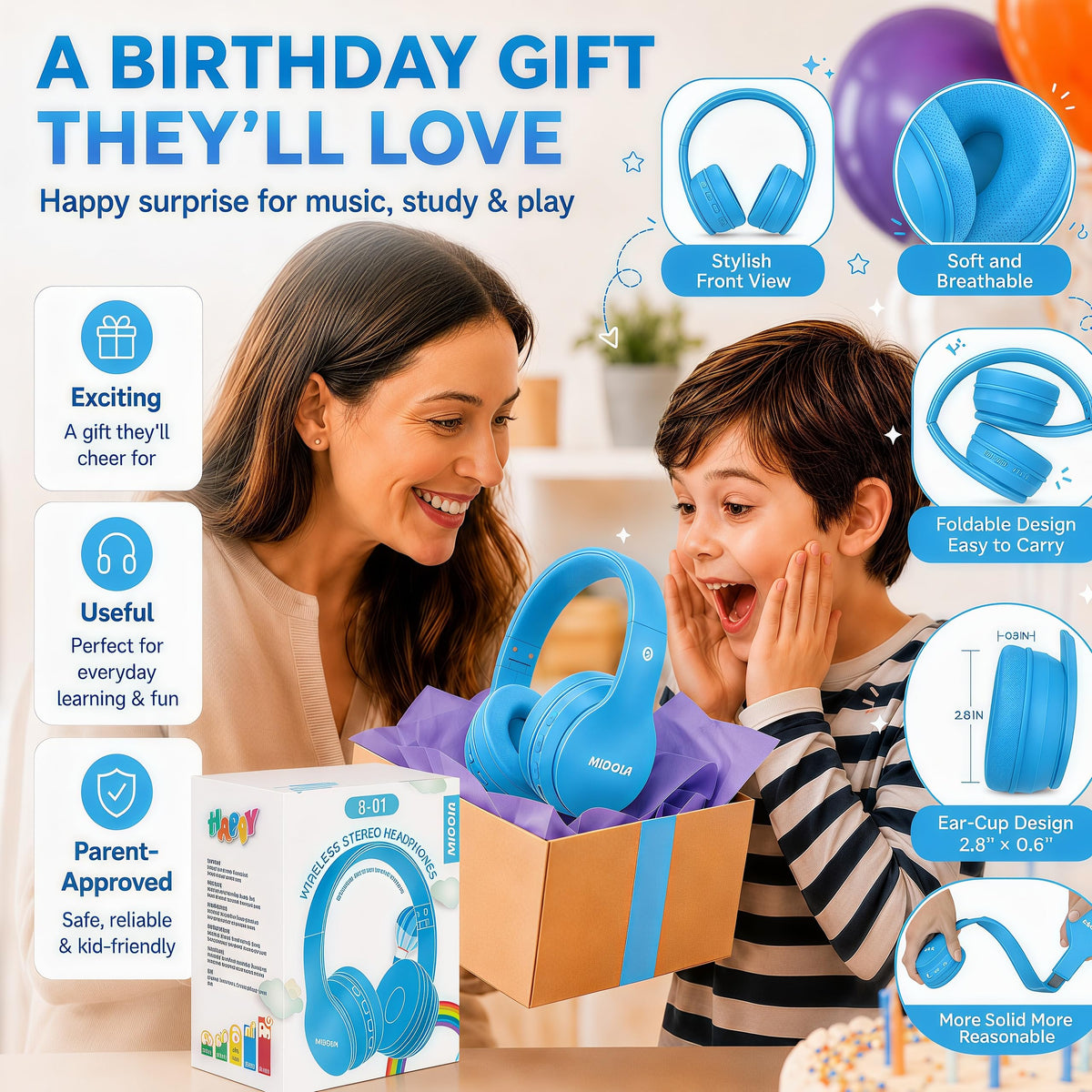 Kids Bluetooth Headphones Wireless - Blue view 3