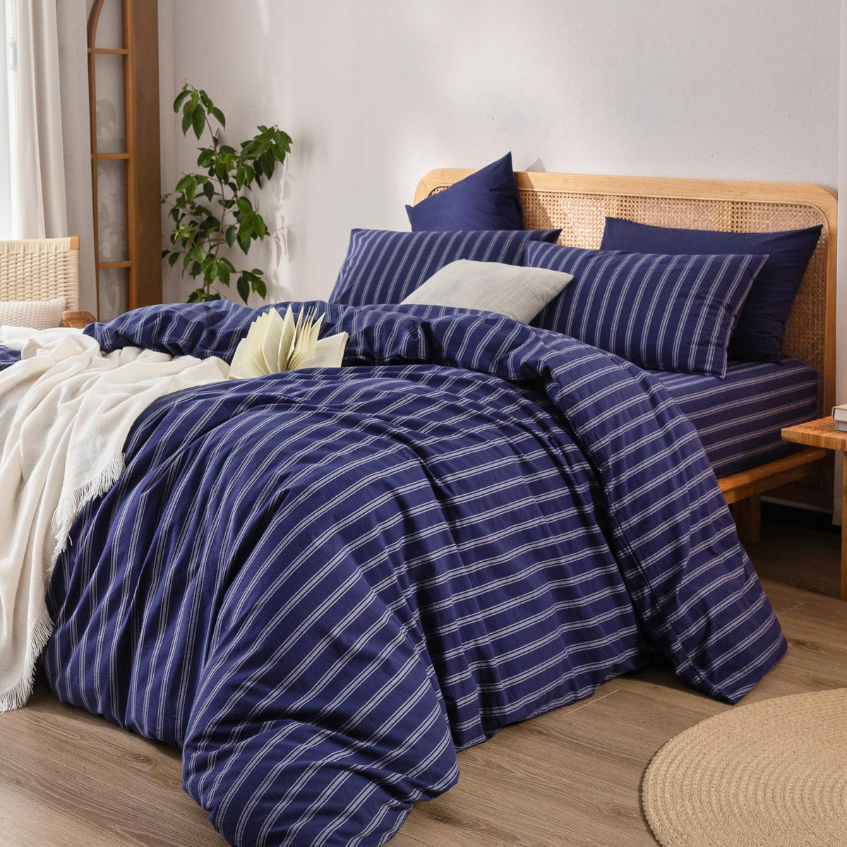 BESTOUCH Cotton Solid Duvet Cover Set Linen Feel - Stripes - Navy Blue/ White (No Comforter) / Queen (90" X 90") view 5