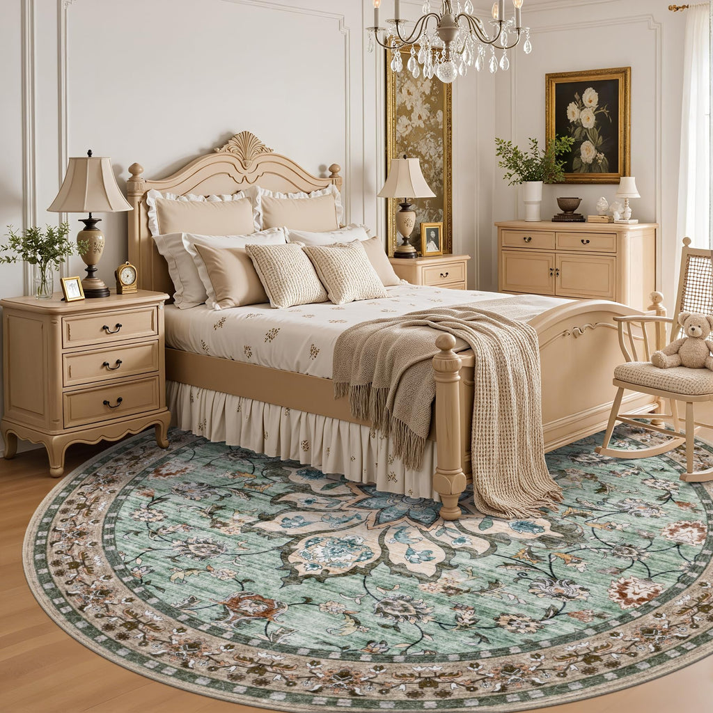 ExpediX Round Area Rug for Living Room: 6ft Boho Washable Rug – Brown Green