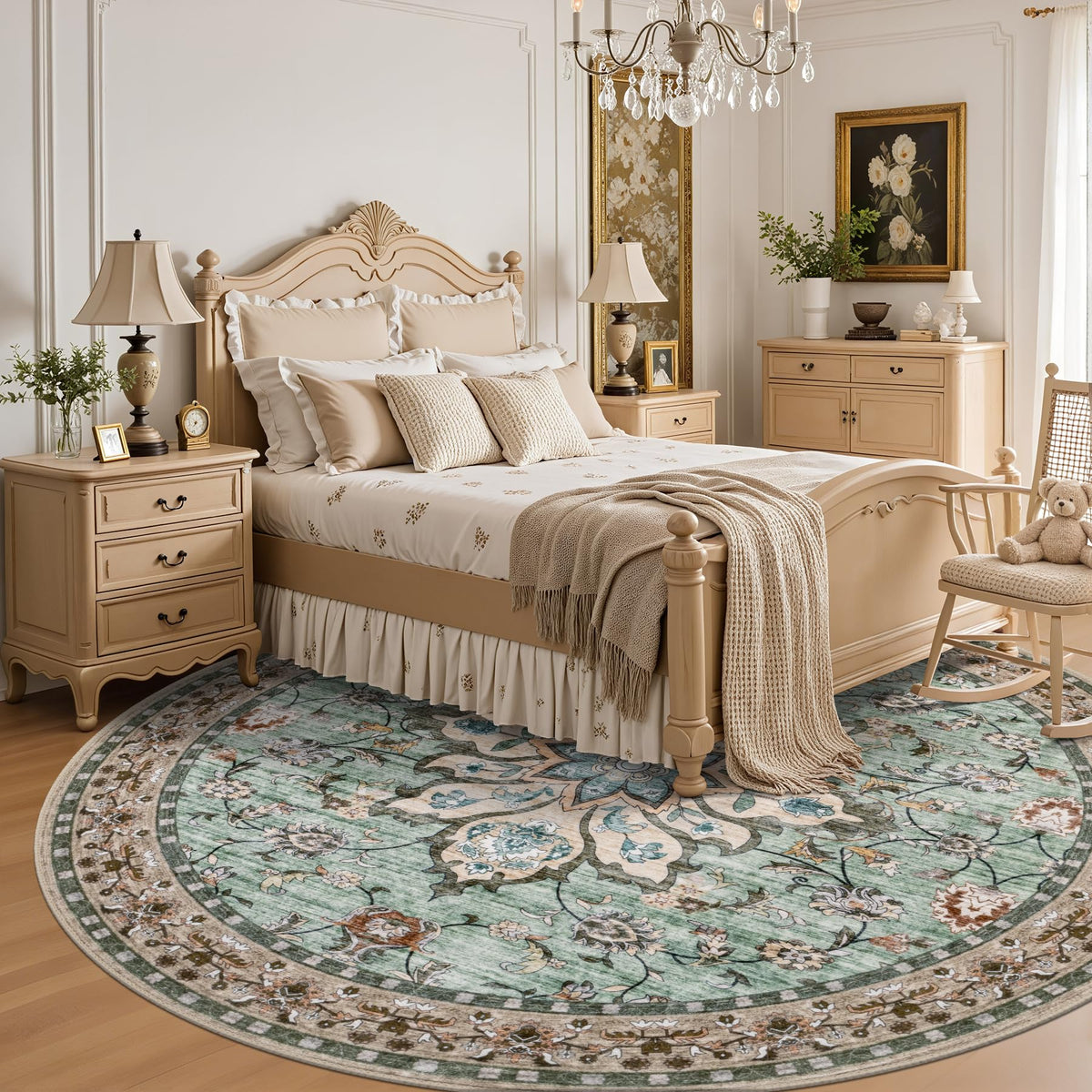 ExpediX Round Area Rug for Living Room: 6ft Boho Washable Rug – Brown Green