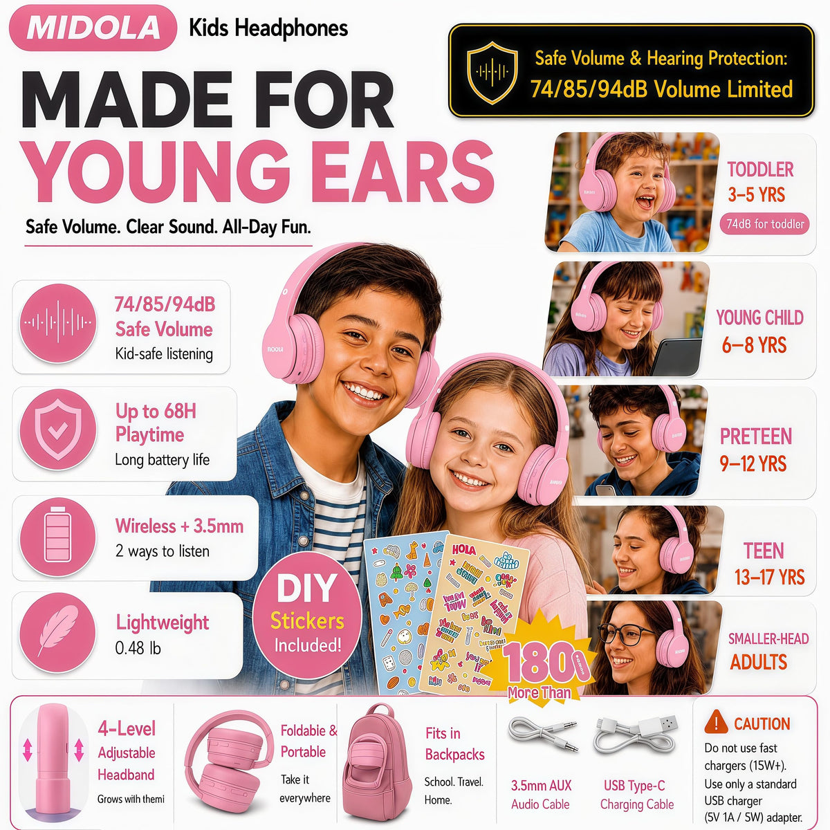 Kids Bluetooth Headphones Wireless - Pink view 1