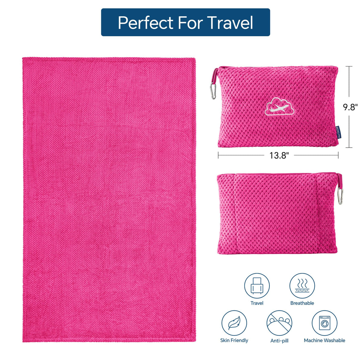 BEDELITE Travel Blanket with Bag, Jacquard Fleece Blanket 65"x40" - Hot Pink view 2