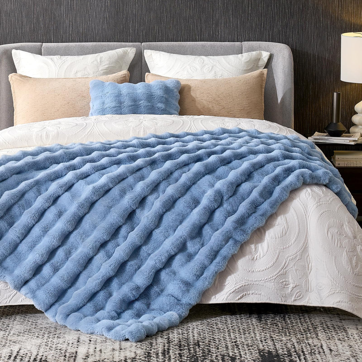 Cozy Bliss Faux Fur Bubble Throw for Couch, Fuzzy Soft Plush Thick Blanket for Sofa