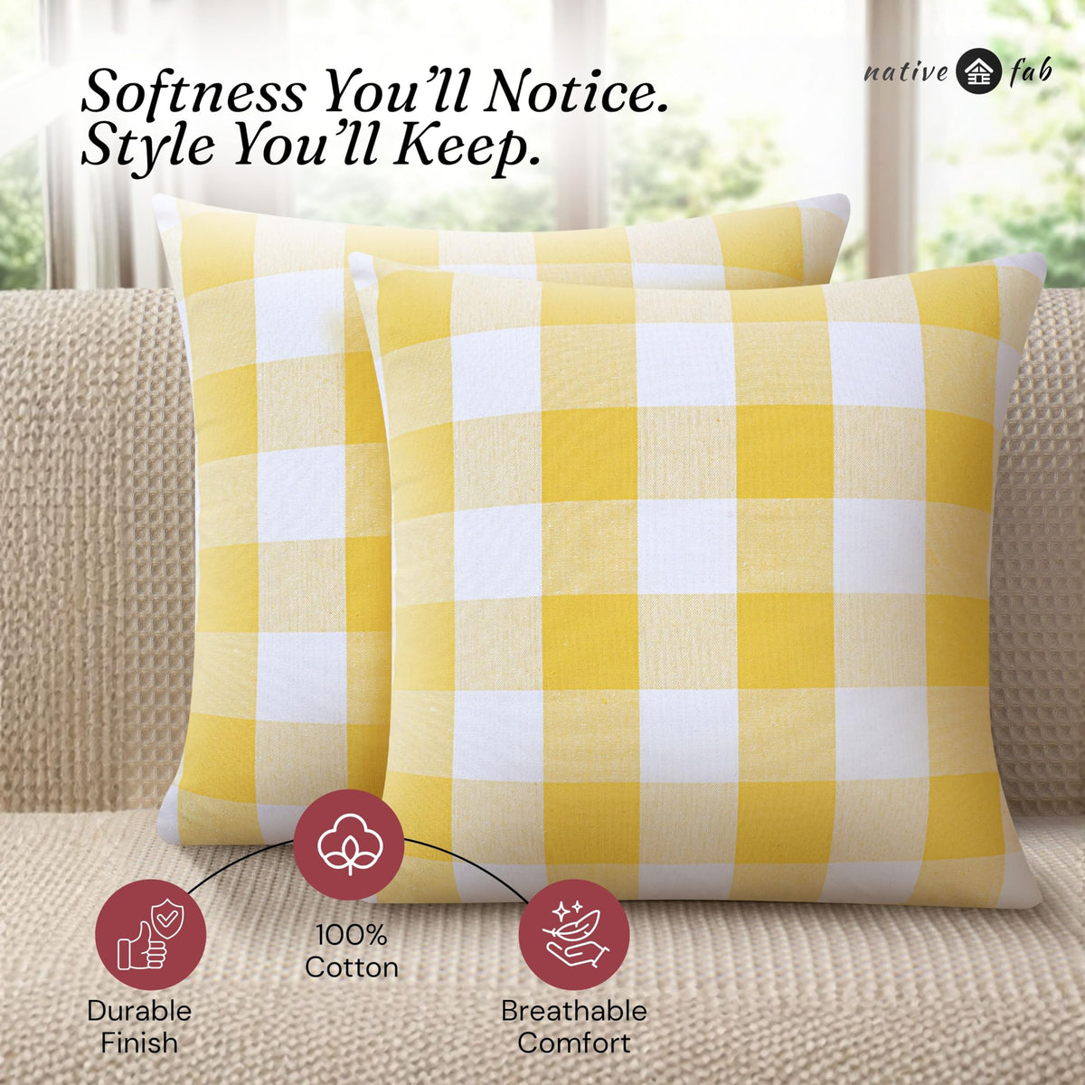 Native Fab Throw Pillow Cushion Cover for Sofa Couch Bed Comfort - Buffalo Lemon Yellow / 20" x 12" (Pack of 2) view 5
