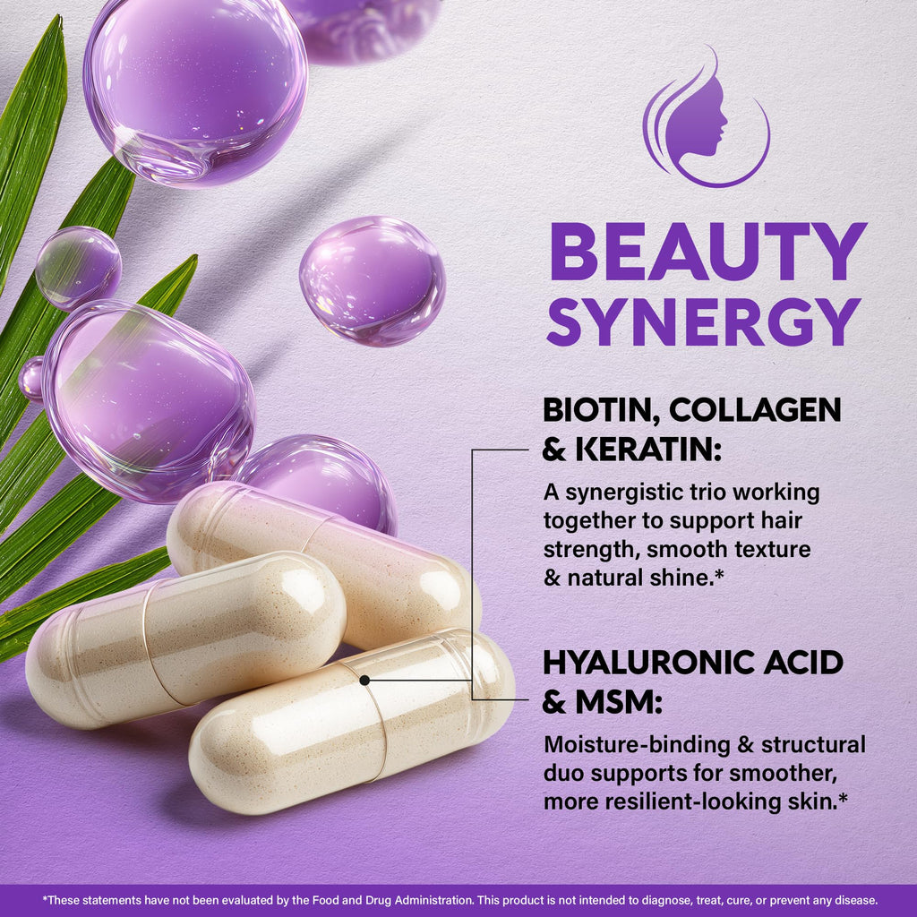 NUTRAHARMONY Biotin, Collagen, Hyaluronic Acid & Keratin - Hair Growth Support, 180 Caps