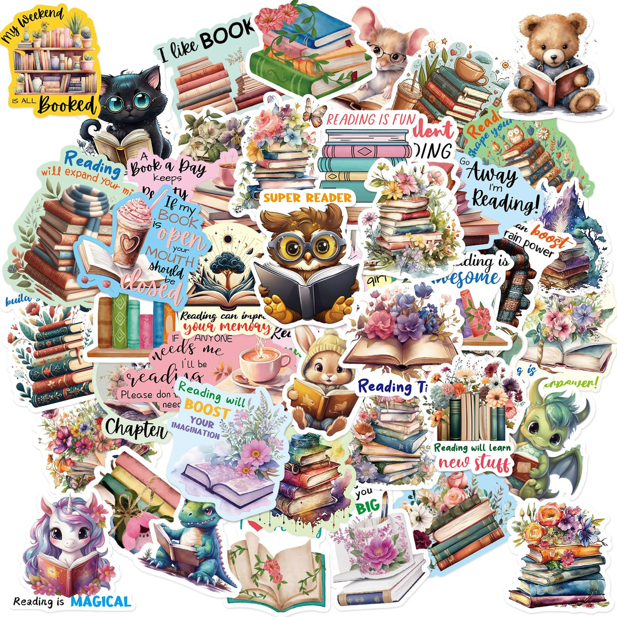 Ceiba Tree 100Pcs Book Reading Stickers Bookish Library for Water Bottles
