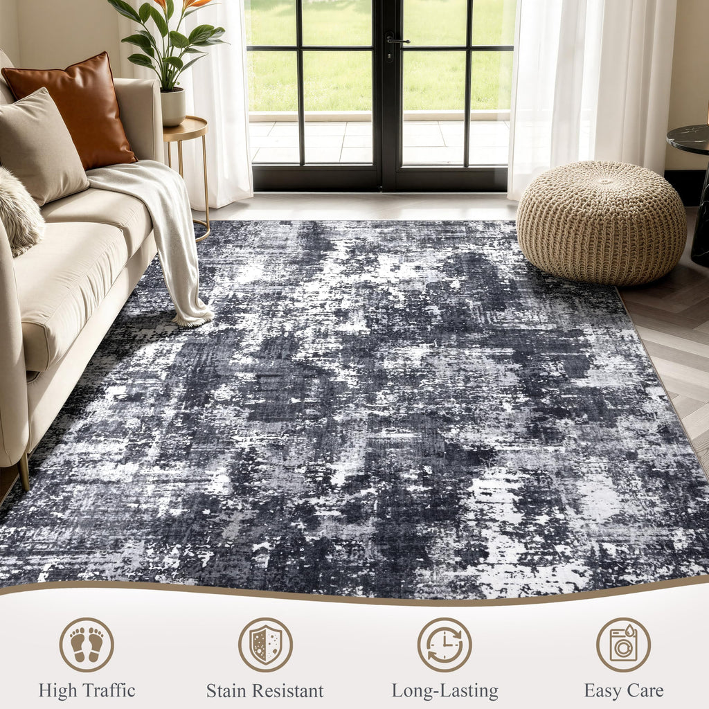 Sasttie 6x9 Washable Area Rug, Modern Abstract Carpet, Black & White (additional view 1)