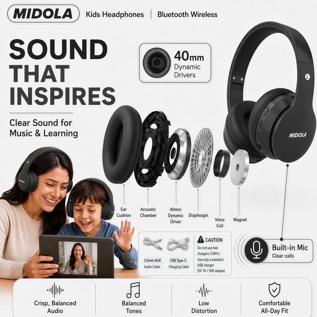 Kids Bluetooth Headphones Wireless - Black view 6
