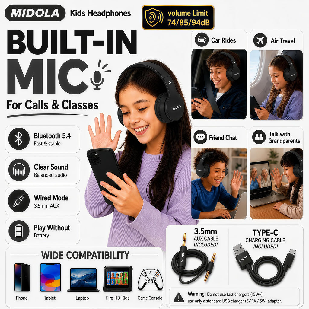 Kids Bluetooth Headphones Wireless - Black view 5