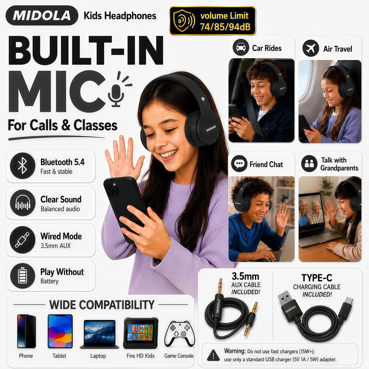 Kids Bluetooth Headphones Wireless - Black view 5