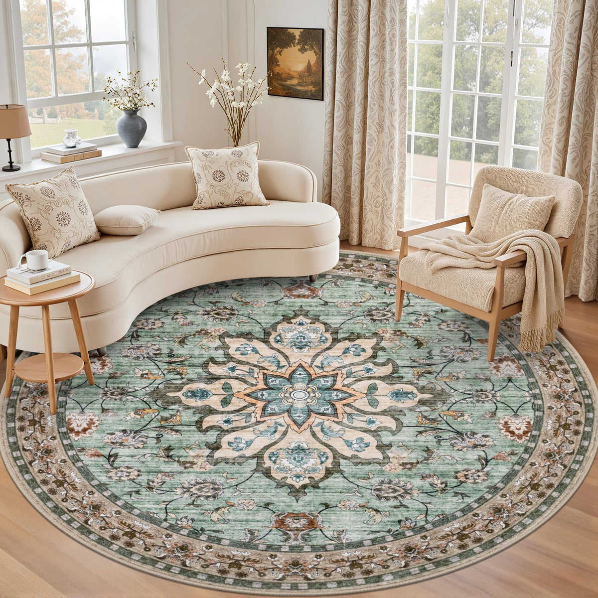 ExpediX Round Area Rug for Living Room: 6ft Boho Washable Rug – Brown Green